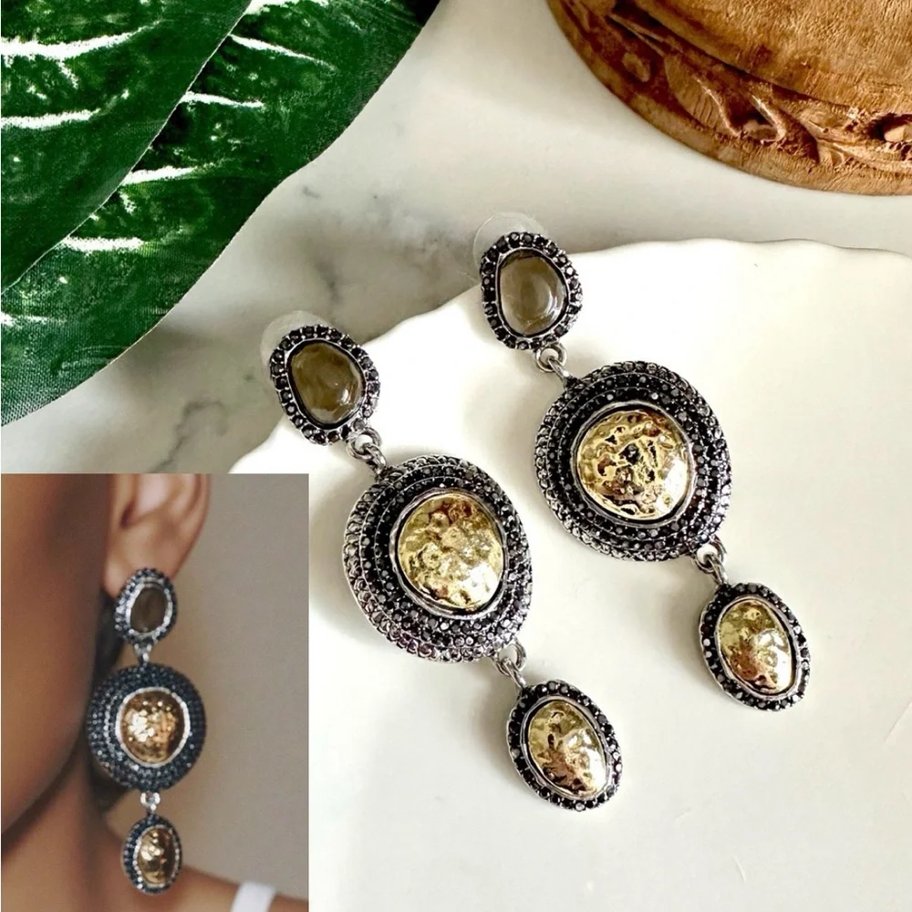 2/$30🌵 Antiqued Silver & Gold Neutral Stone Earrings Hammered Bohemian Gift NEW